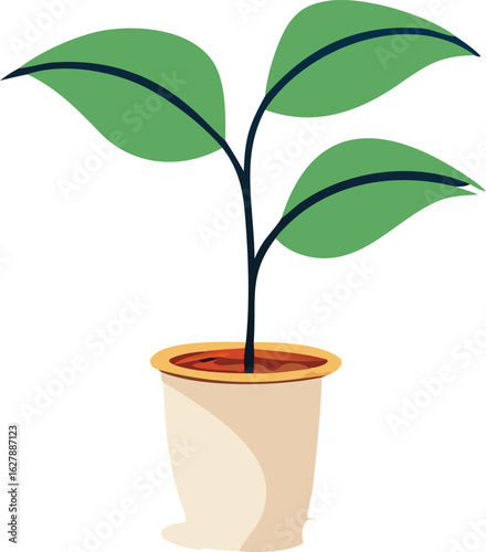 A simple illustration of a young green plant with three leaves growing from a terracotta pot filled with soil