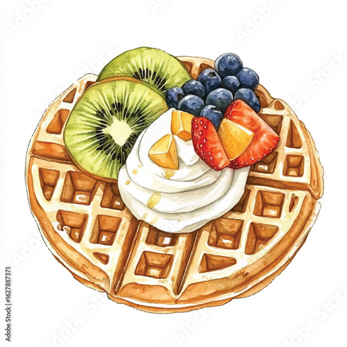a cute Belgian waffles with fruit slice and cream
