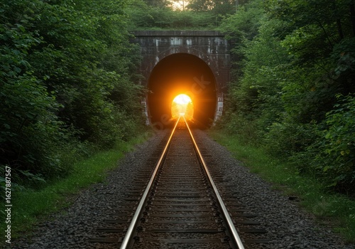 Sunlit tunnel, railway tracks