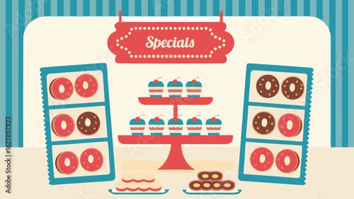 Illustration of a bakery display with donuts, cupcakes, and other sweets under a specials sign