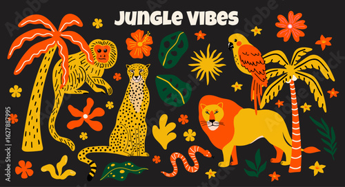 Collection of wild jungle animals, exotic flowers, tropical plants cartoon vector stickers elements in groovy funky colorful style with illustration of lion, cheetah, snake, parrot, monkey, palm tree