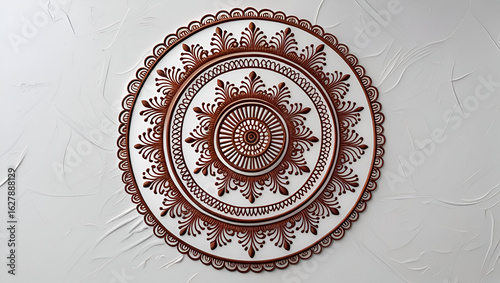 A circular mandala Mehndi design intricately showcased on a clean white background in symmetrical beauty