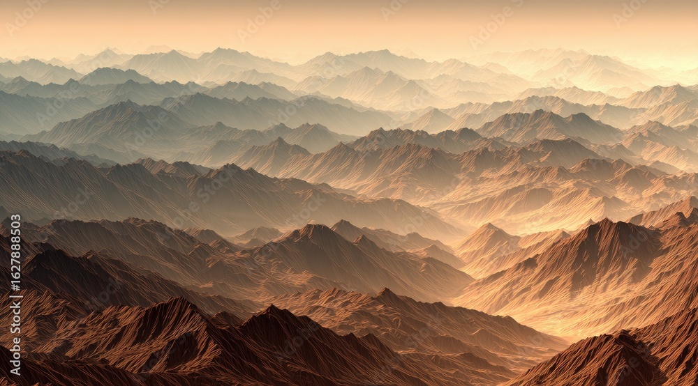 Naklejka premium Vast, hazy mountain ranges. Terracotta hues. Misty valleys