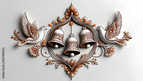 A Mehndi design with wedding bells and dove motifs displayed on a clean white background in celebratory art
