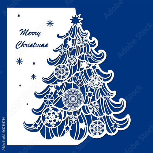 Template of Christmas card with inscription and tree. For laser cutting and plotter cutting from paper. For design of Christmas cards, invitations to a party. Vector