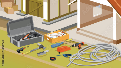 Various tools and equipment scattered on the ground near a house with boxes and a toolbox open