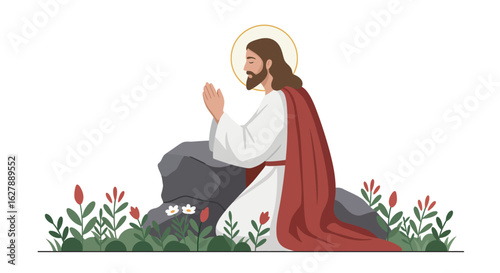Jesus Christ Kneeling in Prayer Long Brown Hair Red Robe.
