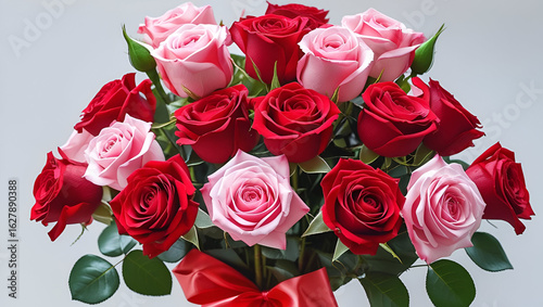 A bouquet of roses with flowing ribbons elegantly displayed on a clean white background in romantic charm