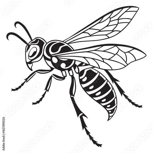 Stylized black and white illustration of a wasp isolated on white background