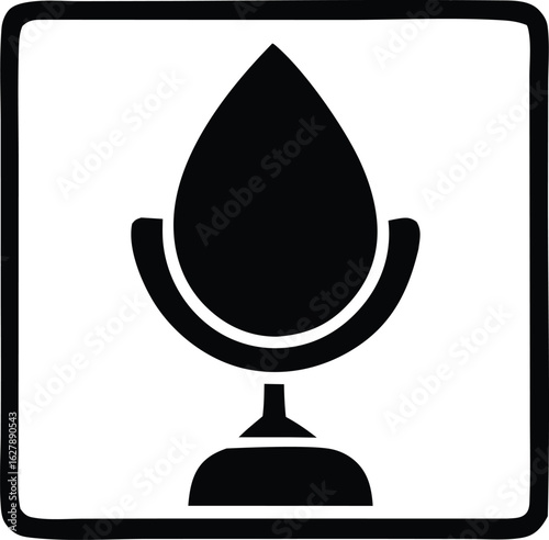 Iconic representation of a stylized black water droplet poised atop a microphone stand against a white background