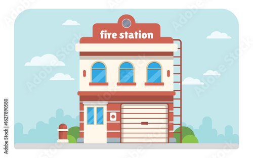 Firefighter Station with Ladder and Garage - Clean Editable Flat Vector Illustration
