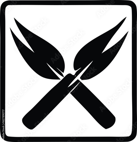 Black and white graphic illustration of two crossed garden trowels with sharp pointed blades and handles forming an x shape within a square border