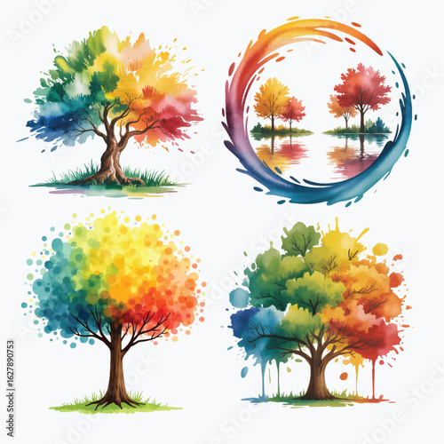  Colorful Watercolor Tree Vector Set with Abstract Rainbow Foliage and Nature Art Design in Seasonal Ink Splash Style