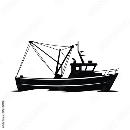 Silhouette of a fishing trawler boat on the water
