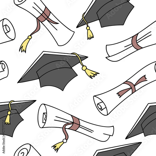 Seamless pattern featuring graduation caps and diplomas scattered across a white background design style