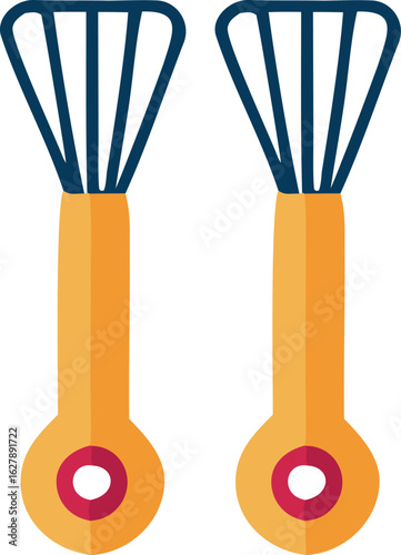 Two stylized flat design illustrations of garden rakes with orange handles and dark blue tines isolated on a white background