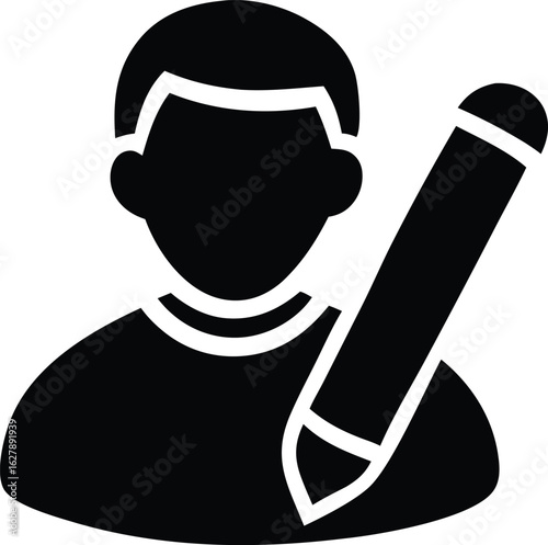 Silhouette of a person holding a large pencil symbolizing writing editing or creative authorship in a simple graphic design