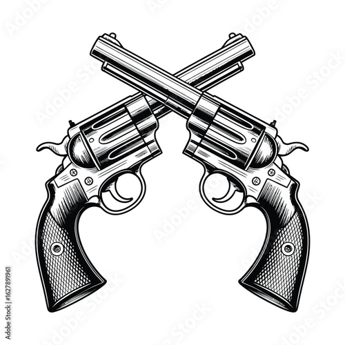 Two crossed revolver pistols in vintage engraved style
