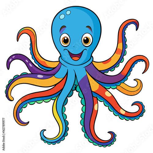 Cute colorful octopus character smiling and isolated on white background