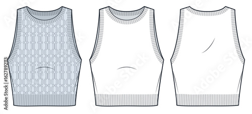 Cable knit Crop Tank Top technical fashion sketch. Sweater Vest fashion flat technical drawing template, cropped, fitted, front and back view, white, blue, women, men, unisex CAD mockup set.
