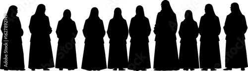 A group of ten people standing in a line in silhouette, wearing long dresses, isolated on a white background