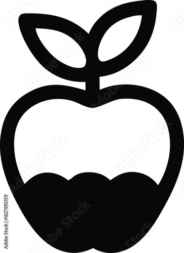 Simple black silhouette of an apple with two leaves and a wavy bottom representing fruit or healthy food