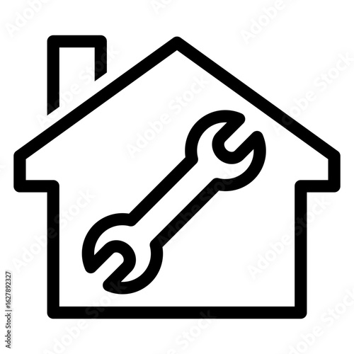 Icono silueta casa con herramienta llave fija con líneas 