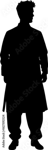 Silhouette of a man wearing traditional south asian attire, isolated on white background