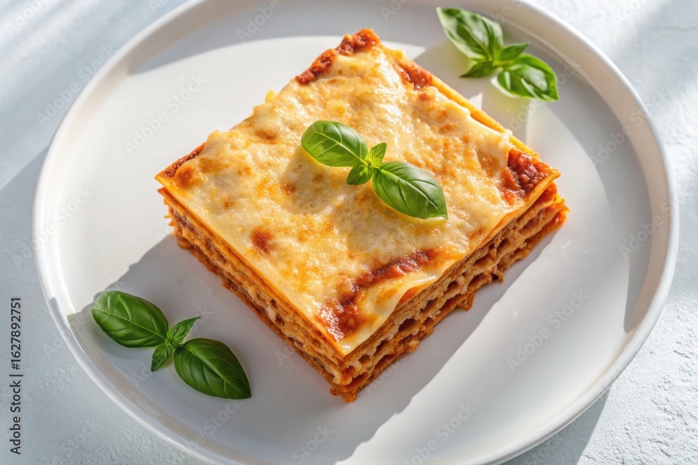 A tempting slice of homemade lasagna with melted cheese and fresh basil garnish, presented on a white plate A tempting slice of homemade lasagna with melted cheese and fresh basil garnish, presented on a white plate