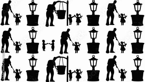 Silhouette pattern featuring people interacting with wells and lit street lamps creating a repeated design