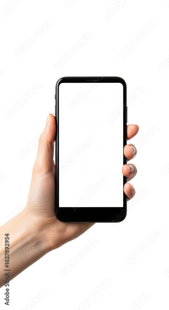 Caucasian female hand, slender, well-manicured, holding a sleek matte black smartphone with a blank white screen, isolated on a seamless transparent studio background with even lighting, professional Caucasian female hand, slender, well-manicured, holding a sleek matte black smartphone with a blank white screen, isolated on a seamless transparent studio background with even lighting, professional