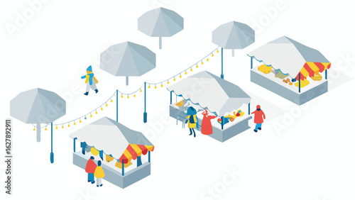 Illustration of a winter market scene with stalls, people, lights, and geometric umbrella shapes