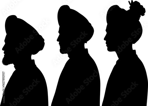Three men in profile wearing turbans and traditional clothing, isolated on white background