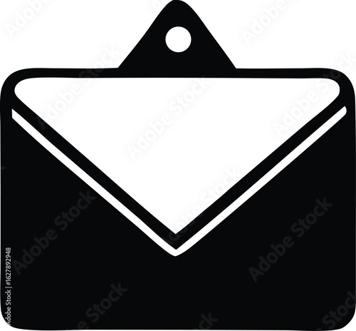 Simple black and white icon of an open envelope with a triangular flap and a hole for hanging