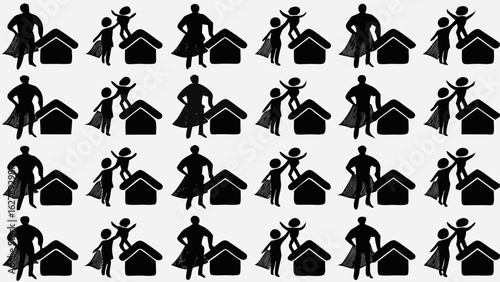 Black and white pattern featuring superhero figures with capes and children on house roofs repeated across image silhouette