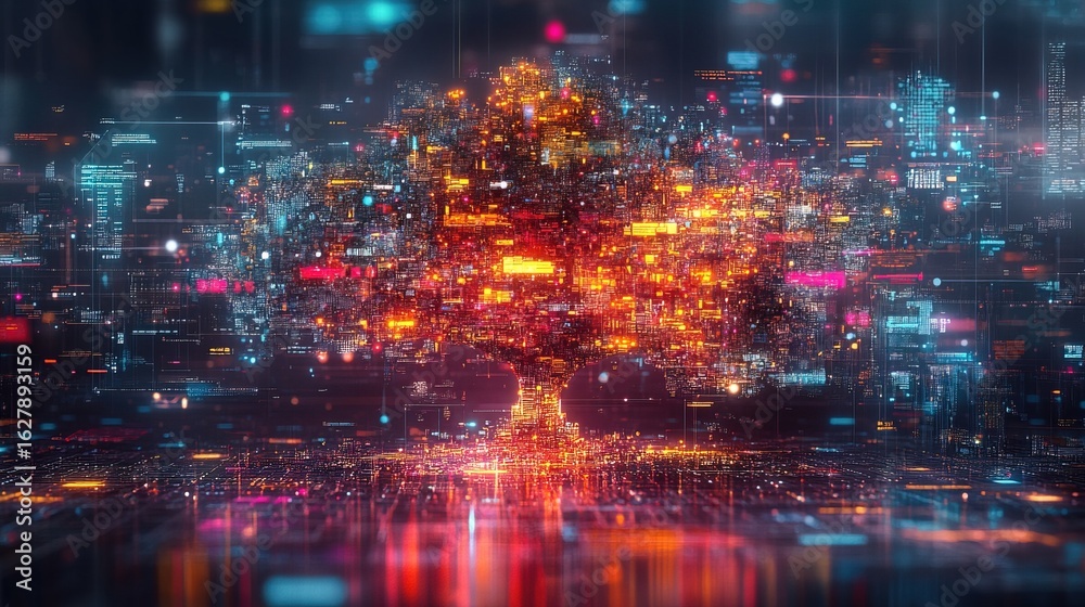 Fototapeta premium Abstract Futuristic Glowing Circuit Tree with Cityscape Background Illustration