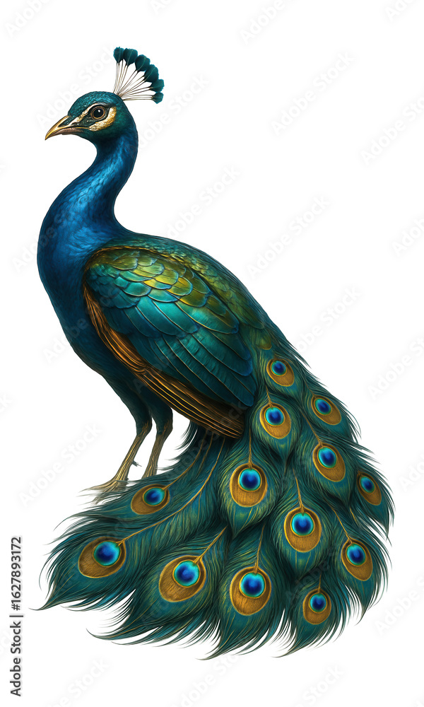 Obraz premium Detailed illustration of a vibrant peacock with iridescent blue and green feathers and an ornate tail on transparent background.