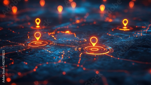 Futuristic Abstract Orange and Blue Network Location Pin Pointing
