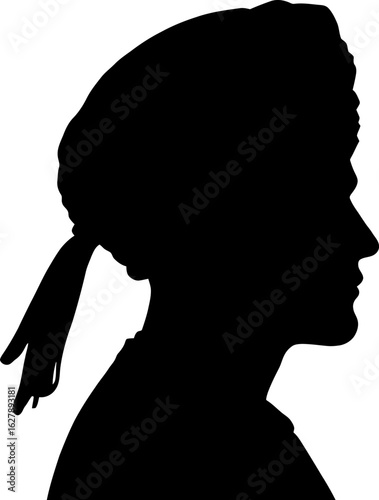 Silhouette profile of a mans head wearing a turban with a ponytail, isolated on white background