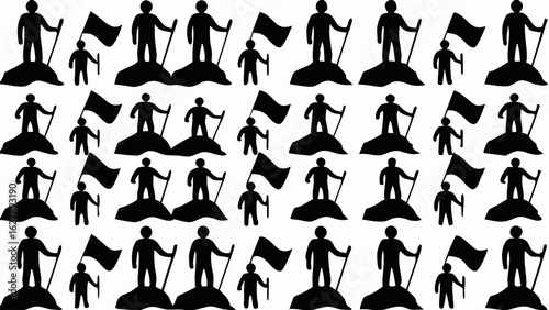 Silhouette pattern of people climbing mountains with flags and walking sticks success theme one hundred