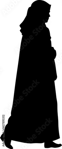 Silhouette of a muslim woman walking gracefully, isolated on white background