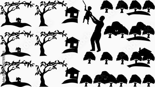 Silhouette illustration of trees houses and a father playing with his child in an outdoor setting