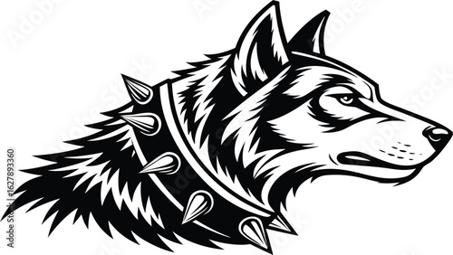 Aggressive Dog Head with Spiked Collar – Black and White Art