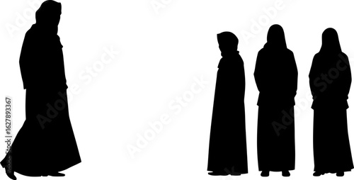 A group of women in traditional robes are silhouetted against a white background, with one woman walking away from the group