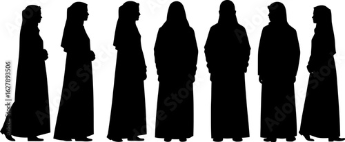 A diverse group of women in traditional robes stand in a line, silhouetted against a white background
