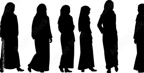 A line of women in traditional robes stand and walk, silhouetted against a white background