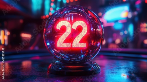 Futuristic Glowing Number Twenty Two Inside Crystal Ball on Dark Surface