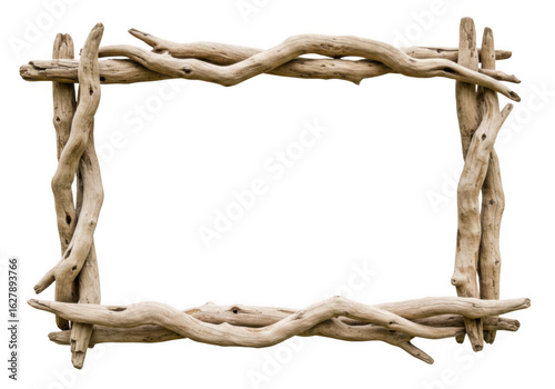 Rustic driftwood frame isolated on transparent background, perfect for natural or vintage photo displays