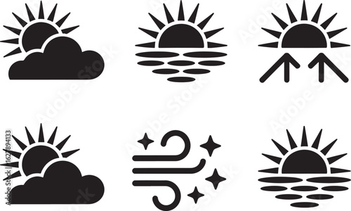 Collection of six distinct weather forecast icons in a clean black silhouette style depicting sun and clouds sunrise over water and wind with stars