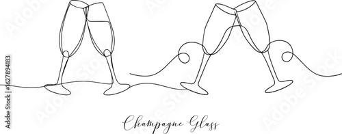 Champagne Glasses Toasting Celebration Concept Continuous One Line Drawing